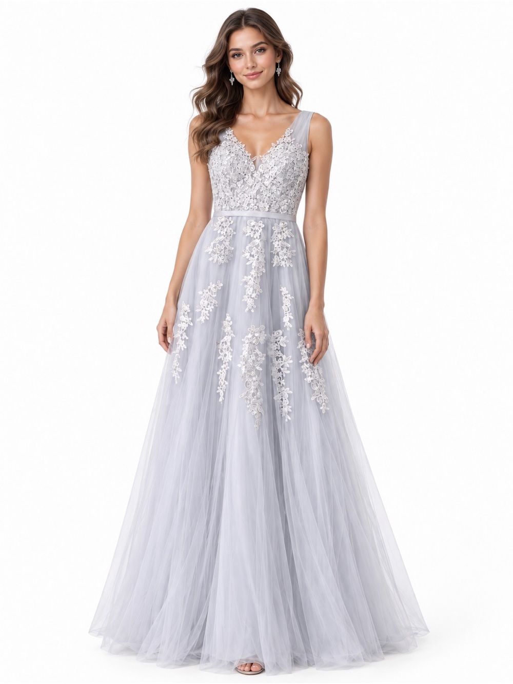 NWT Lace Appliqué Tulle Evening Dress in Light Gray Gown, 4